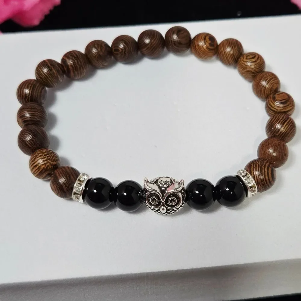 Vintage Owl Beaded Stretch Bracelet | Wood & Stone Boho Wisdom Gift Jewelry
